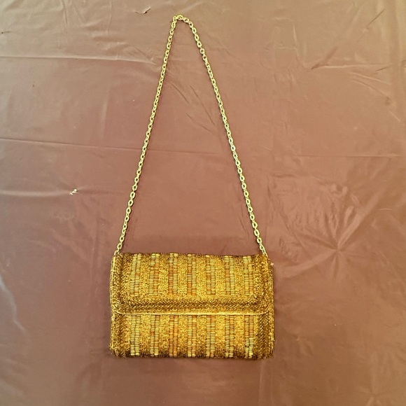 Vintage Y2K Mini Gold/Bronze Beaded Clutch with Chain Strap - Picture 2 of 9